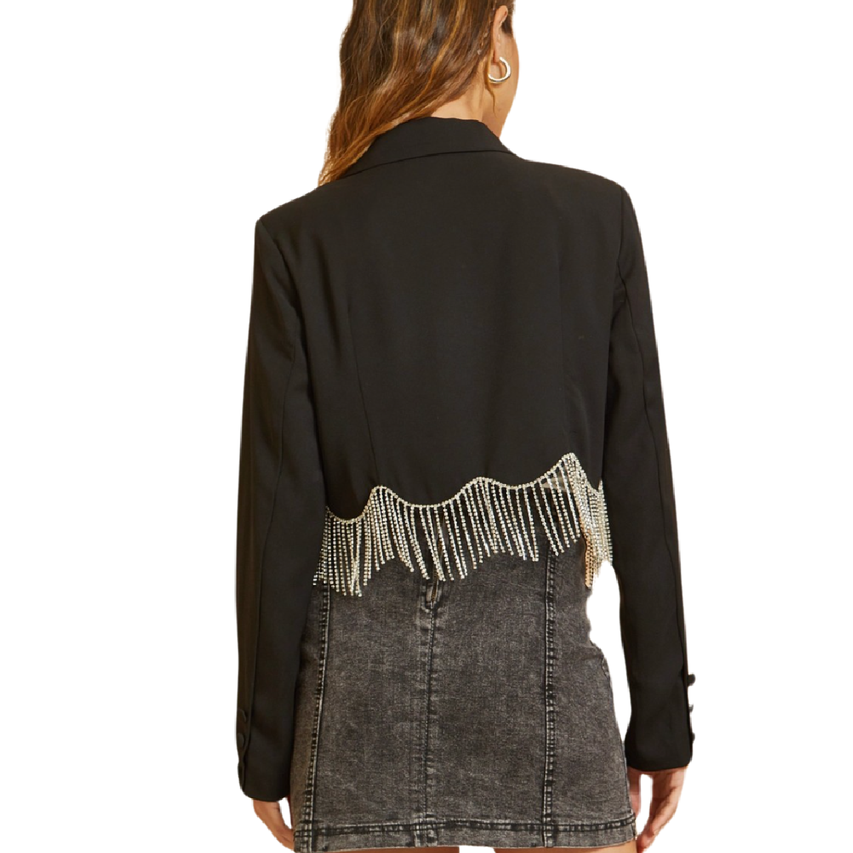 Savanna Jane Crop Rhinestone Fringe Blazer, Black