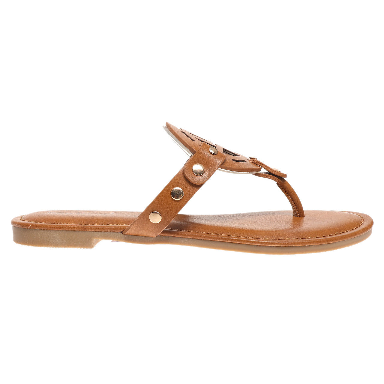 Pierre Dumas Womens Medallion Flat Thong Sandals- New Tan