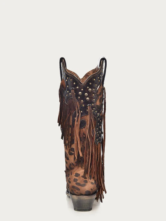 Corral Boots Womens Leopard Print with Fringe and Studs Snip Toe Cowboy Boots