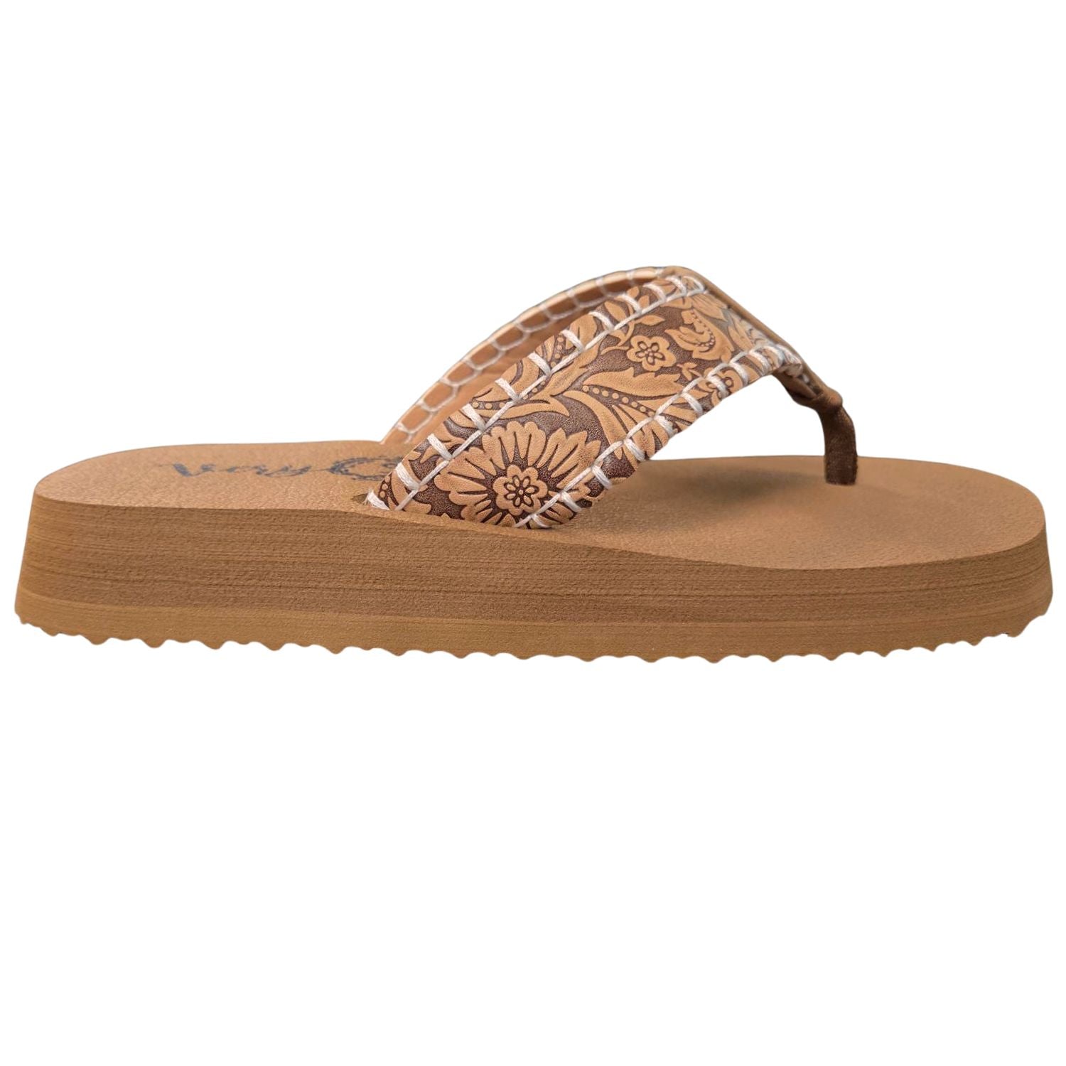 Very G Womens Pamela Western Floral Embossed Leather Strap Flip Flops - Tan
