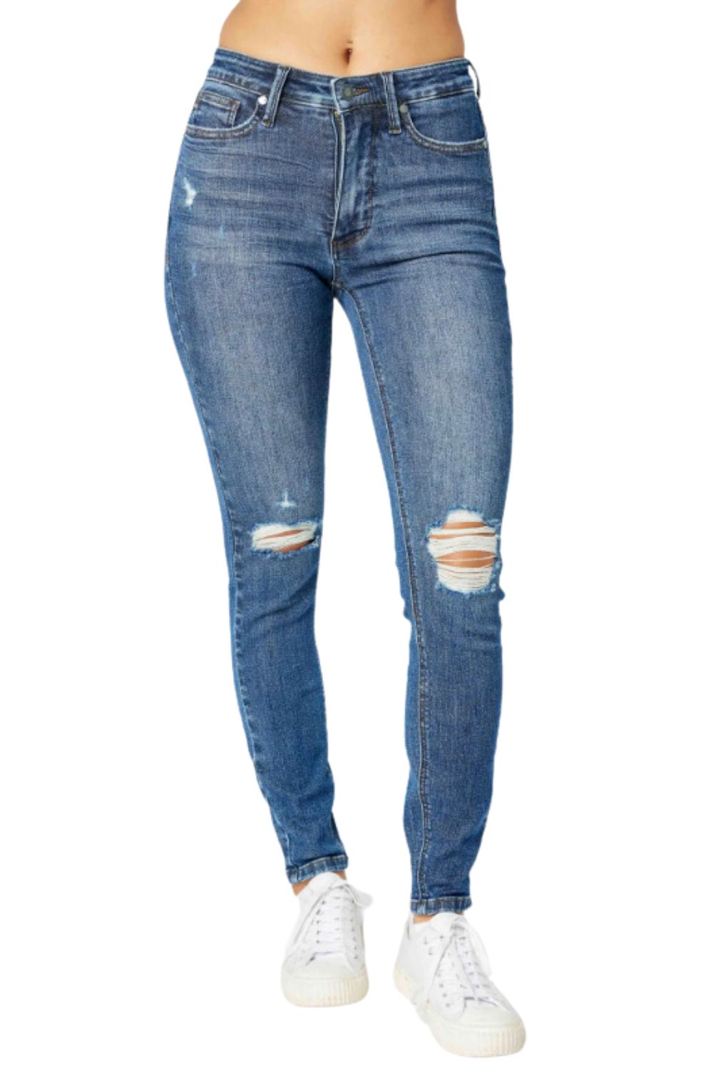 Judy Blue Womens Mid Rise Tummy Control Destroyed Knee Skinny Jeans