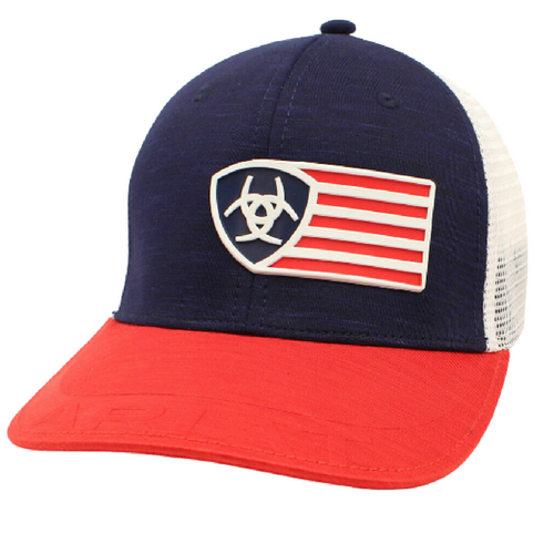 Ariat Mens Ball Cap Adjustable Snapback, Red White and Blue with Ariat Flat Logo
