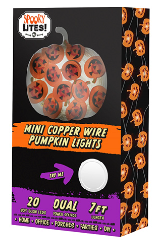 Spooky Lites, Mini Copper Wire Pumpkin Lights, 7ft 20 LEDS