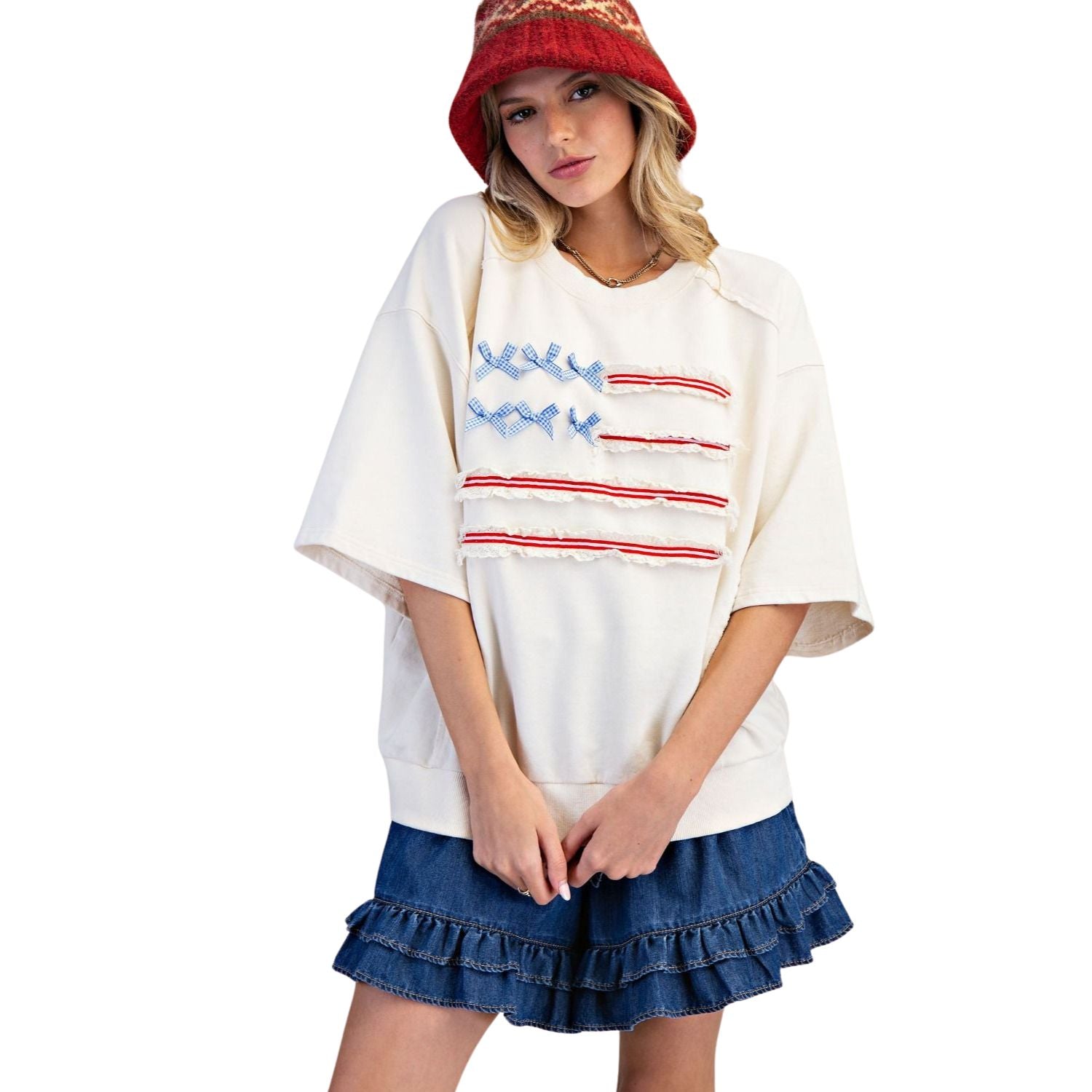 Easel Women American Flag Bow and Ruffle Washed Terry Oversized Shirt- Ivory