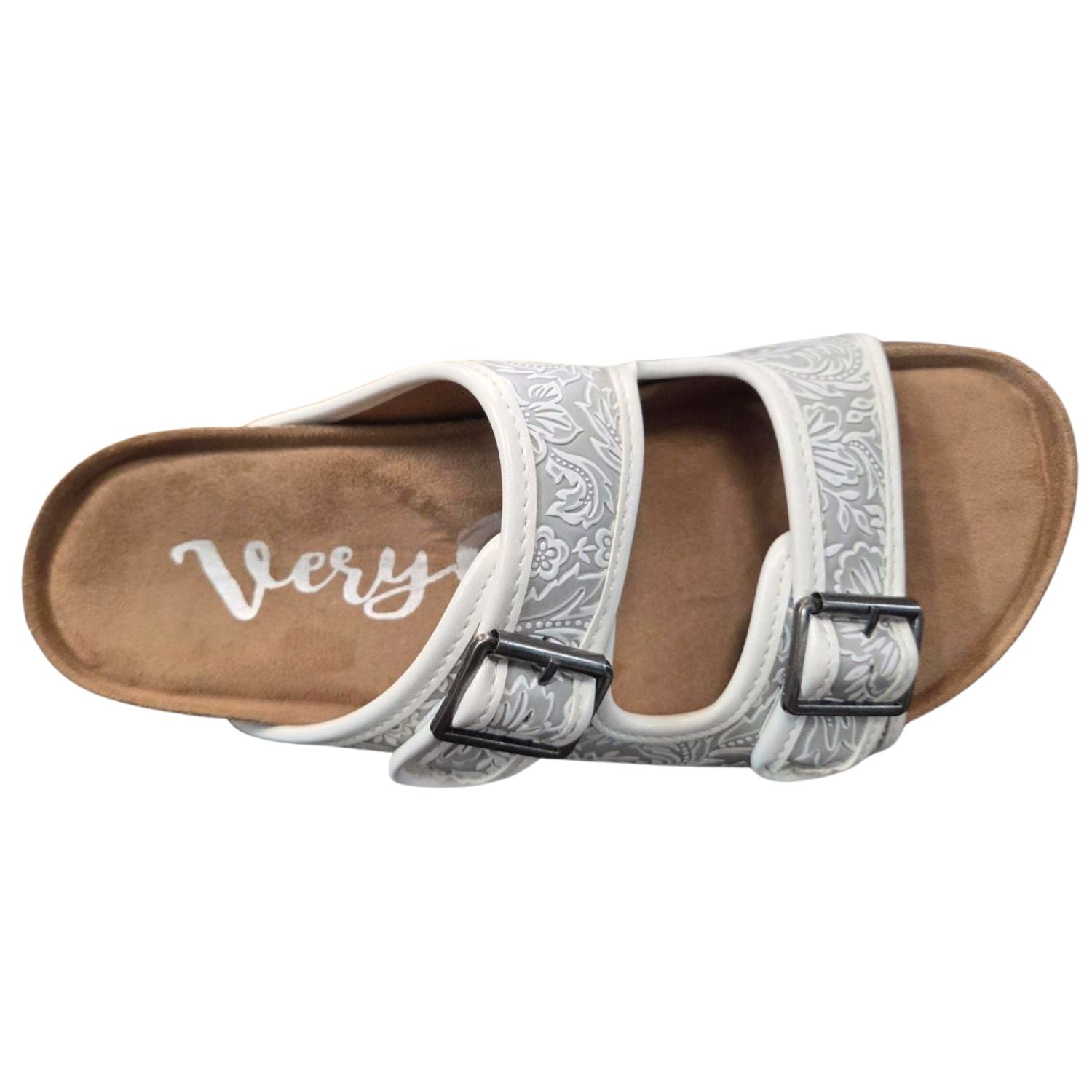 Very G Womens Western Floral Embossed Buckle Strap Slide Sandals- White/Grey
