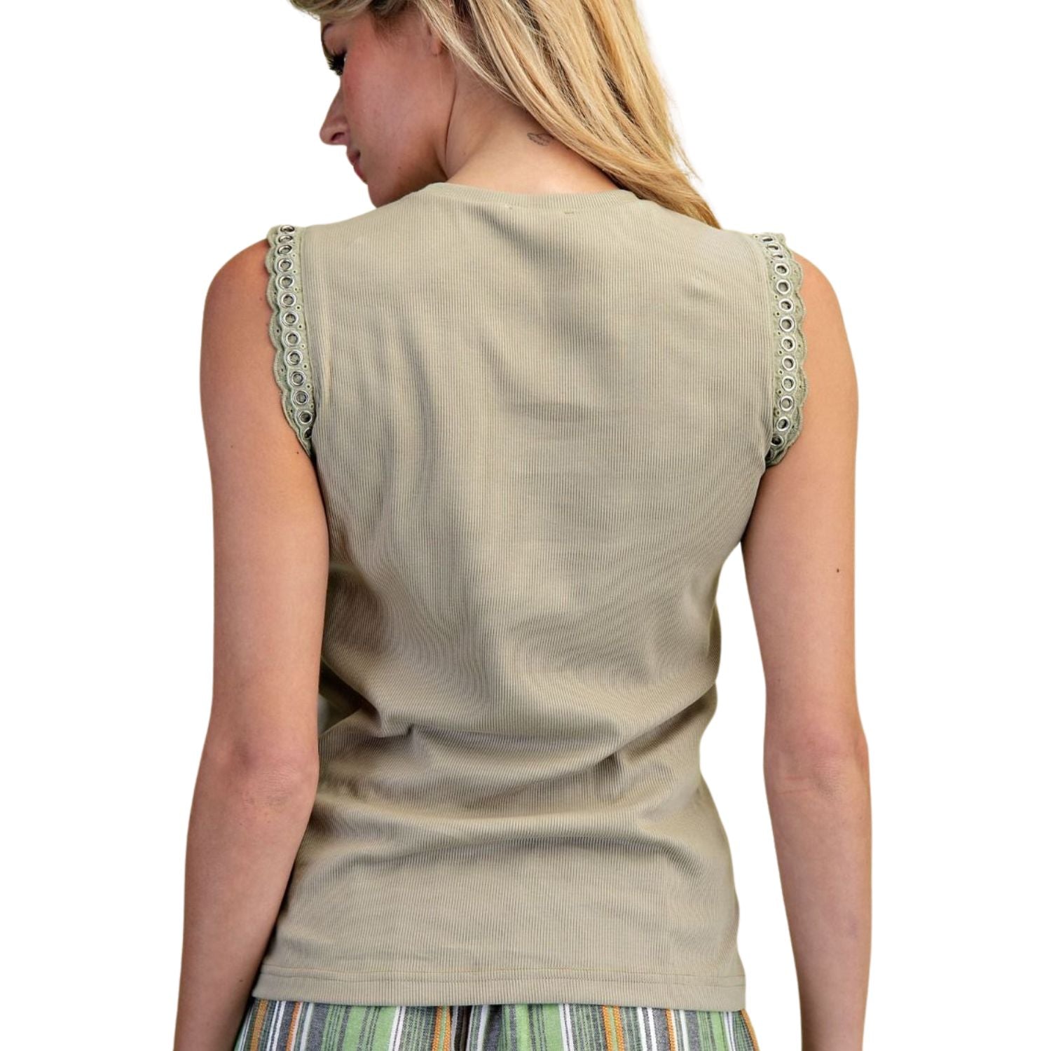 Easel Womens Babyrib Knit Tank Top With Grommet Lace Detail- Faded Sage