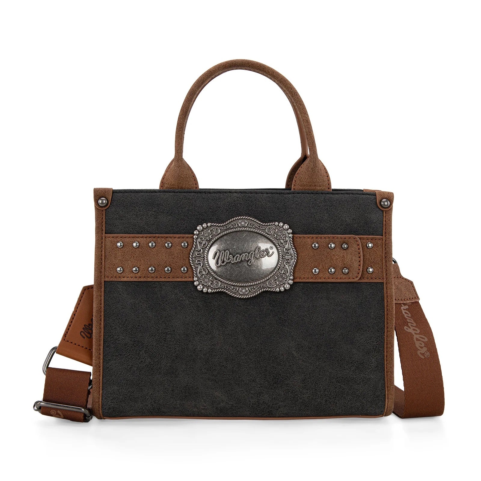 Wrangler Buckle Tote Crossbody PU Leather Purse- Black