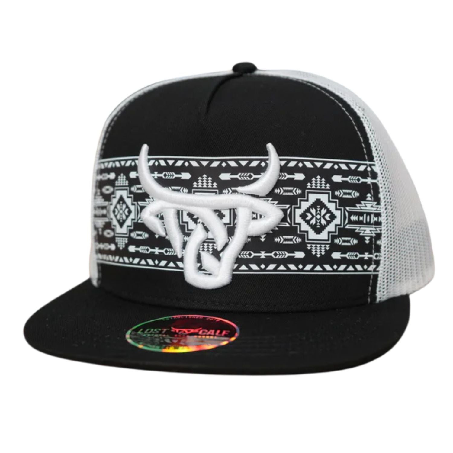 Lost Calf Mens Shima Flat Bill Adjustable Snapback Cap Hat, Black/White