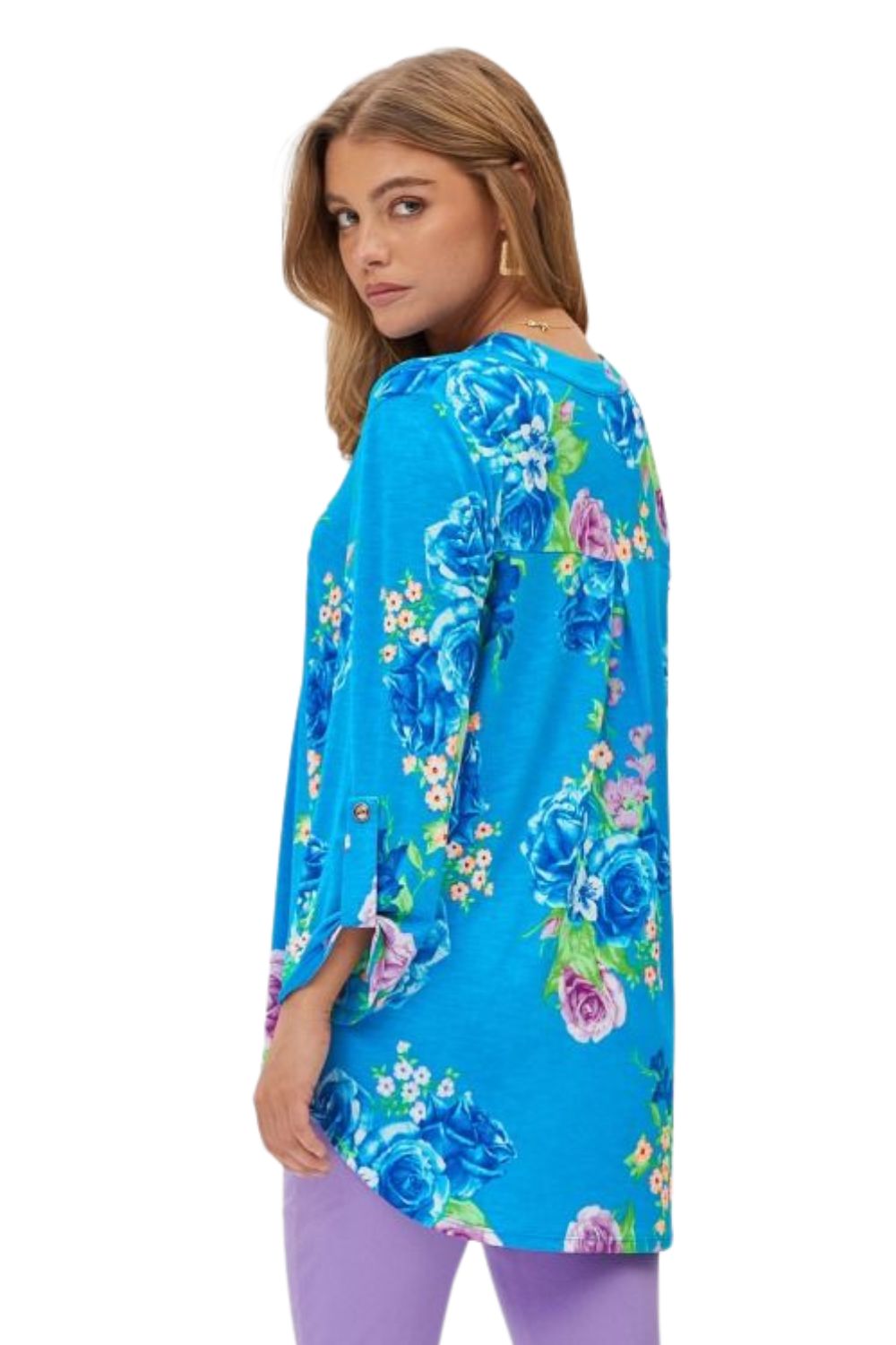 Dear Scarlett Womens Lizzy Relaxed Flowy High Low Blouse, Blue