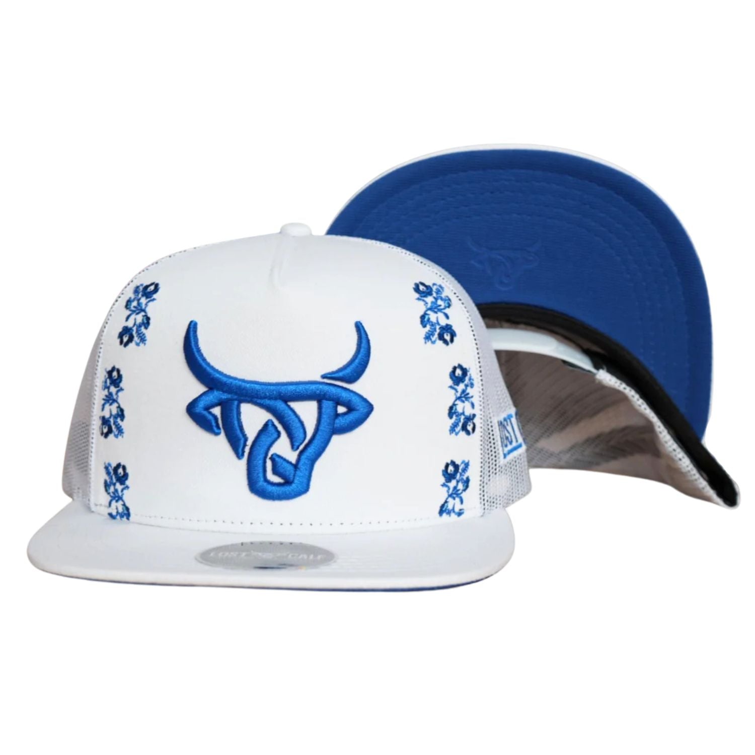 Lost Calf Mens Sadrach Flat Bill Adjustable Snapback Cap Hat, White/Blue