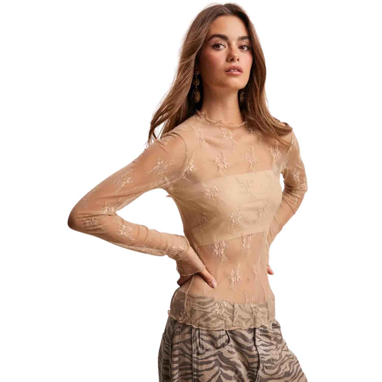 Listicle Women's Sheer Floral Lace Long Sleeve Top, Beige (X-Small)