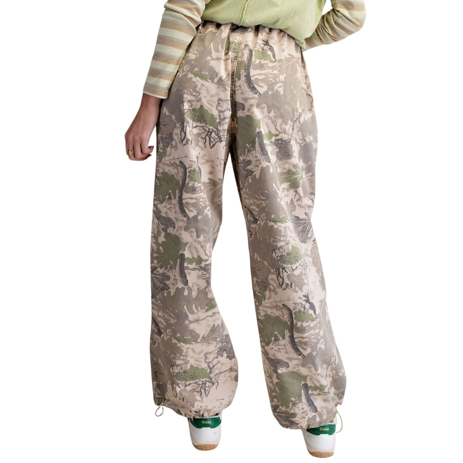 Easel Womens Camouflage Printed Washed Twill Relaxed Fit Pants- Olive