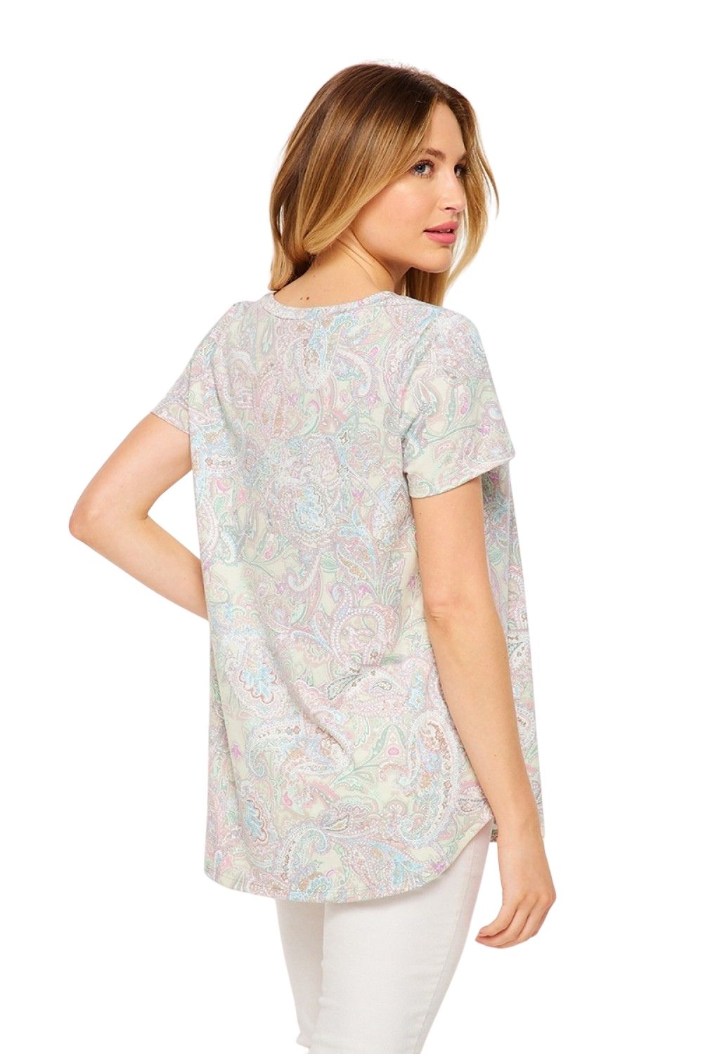 HoneyMe Womens Paisley Print Short Sleeve Tunic Top