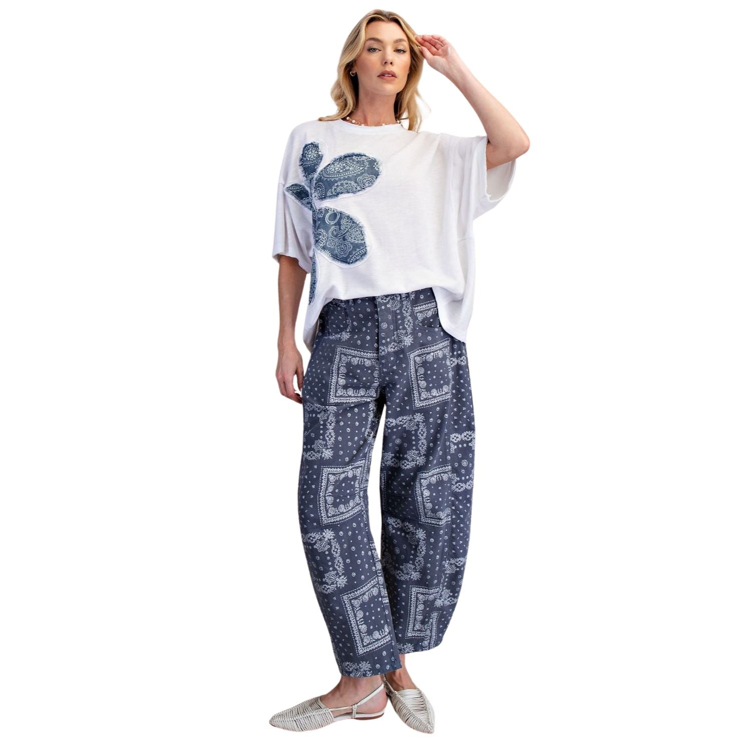 Easel Womens Floral Paisley Patch Washed Cotton Boxy Oversized Top- White