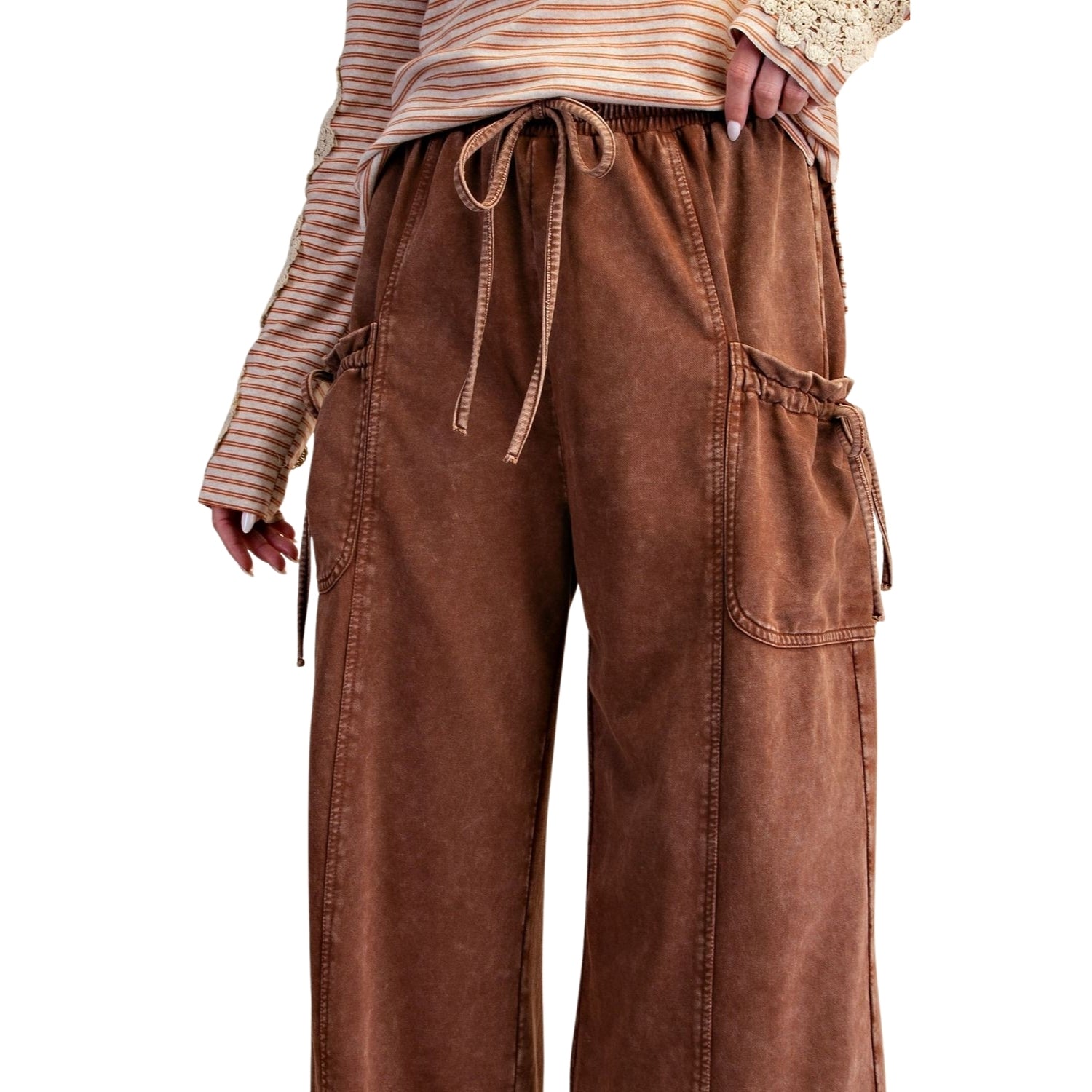 Easel Women's Mineral Washed Terry Knit Wide Leg Cargo Pants, Coffee