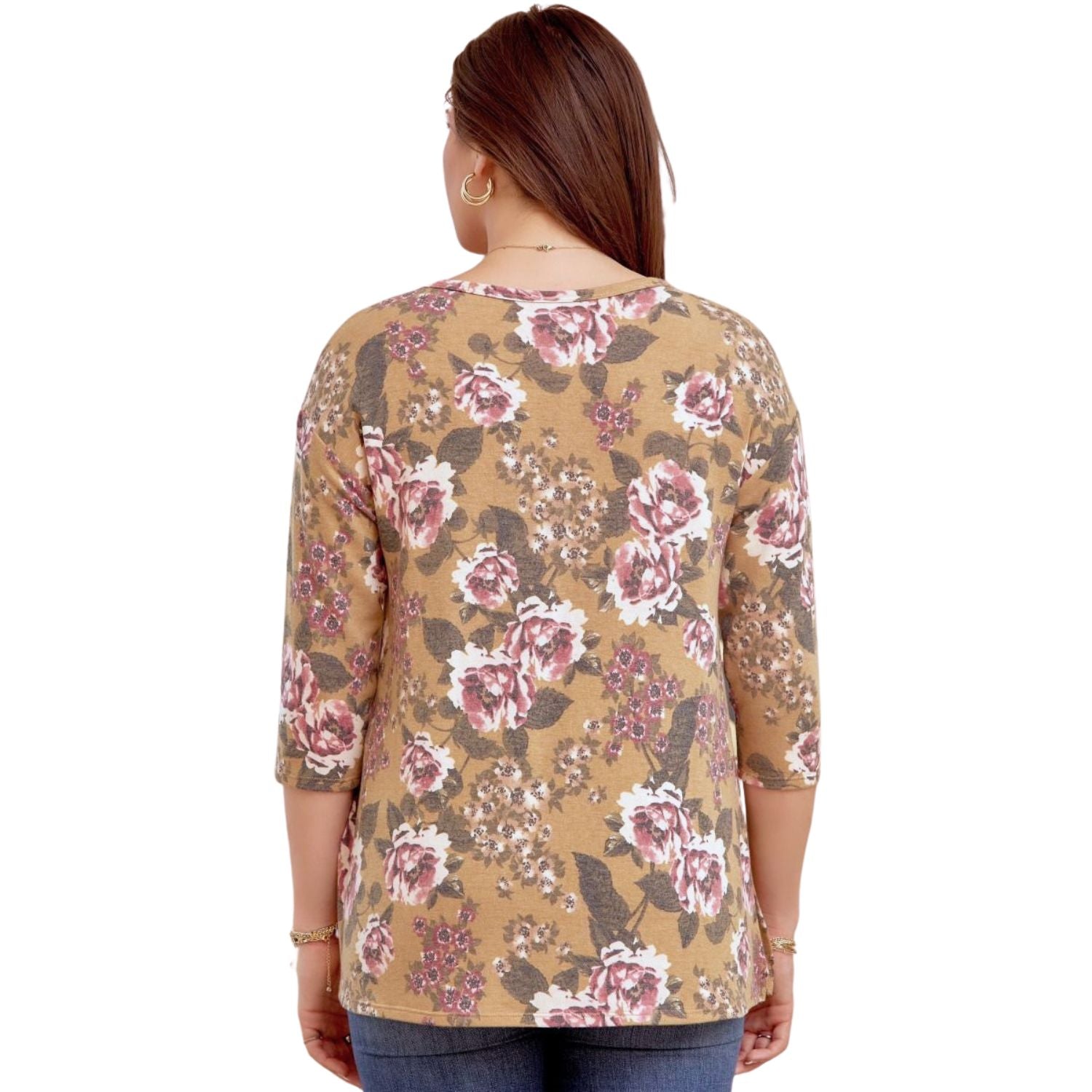 Dear Scarlett Womens Knit 3/4 Sleeve Tunic Top, Mustard Multi