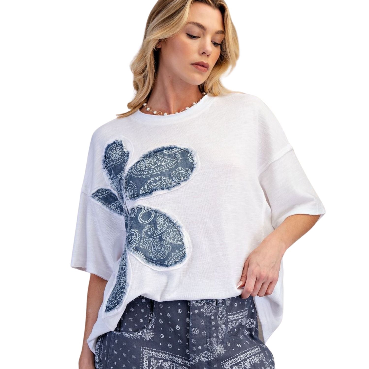 Easel Womens Floral Paisley Patch Washed Cotton Boxy Oversized Top- White