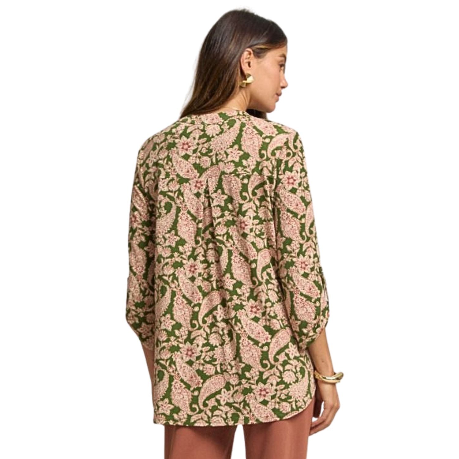 Dear Scarlett Womens Lizzy Relaxed Flowy High Low Blouse, Olive