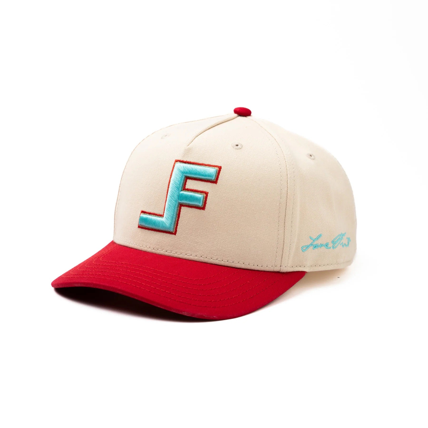 Lane Frost Flank Structured Embroidered Logo Snapback Hat- Cream/Red/Light Blue