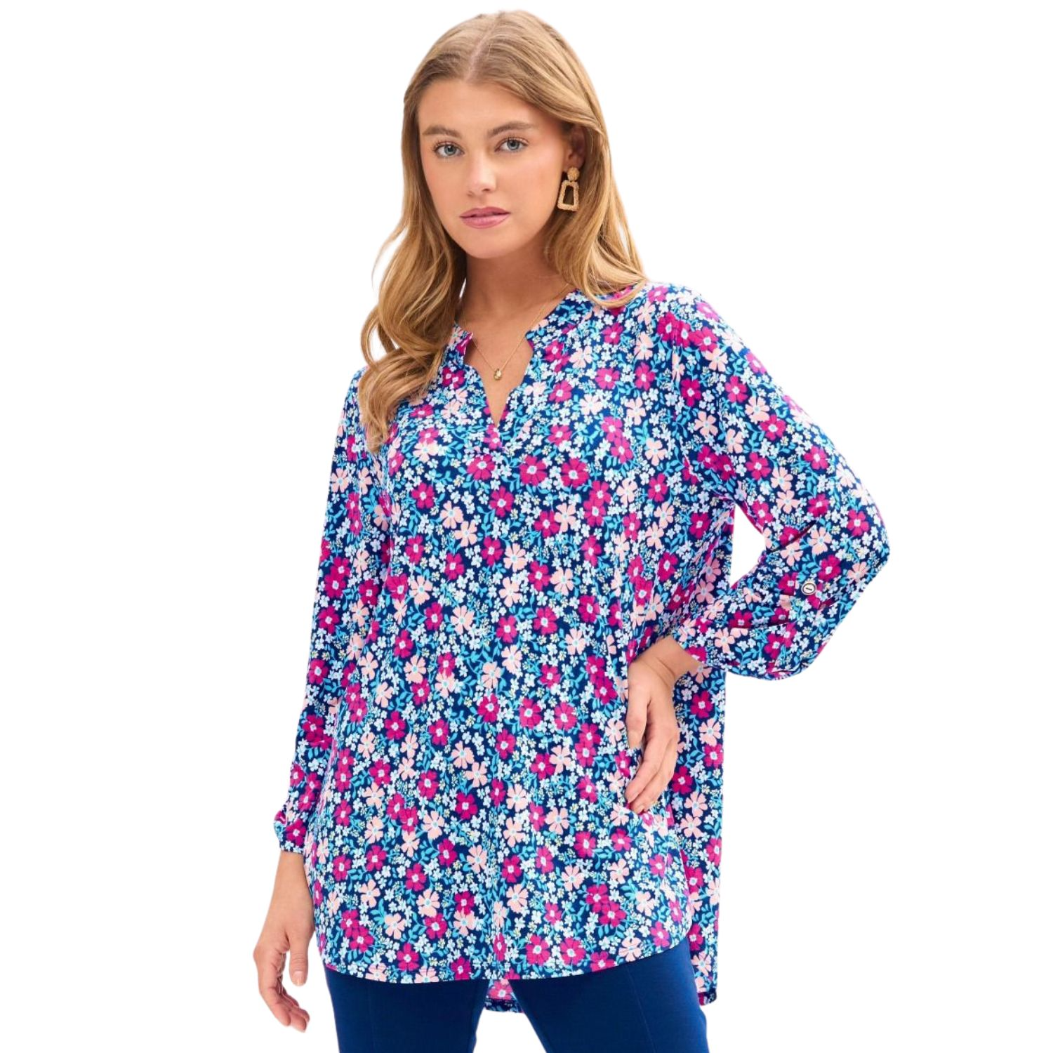 Dear Scarlett Womens Lizzy Relaxed Flowy High Low Blouse, Royal Multi