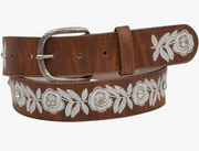 Angel Ranch Womens Leather Brown Belt White Floral Embroidery & Rhinestones, M