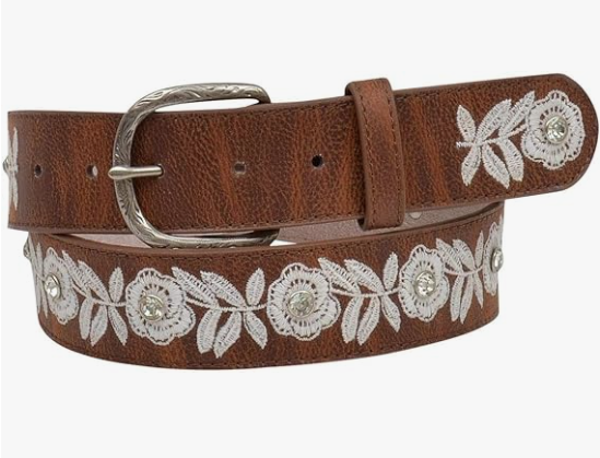 Angel Ranch Womens Leather Brown Belt White Floral Embroidery & Rhinestones, M