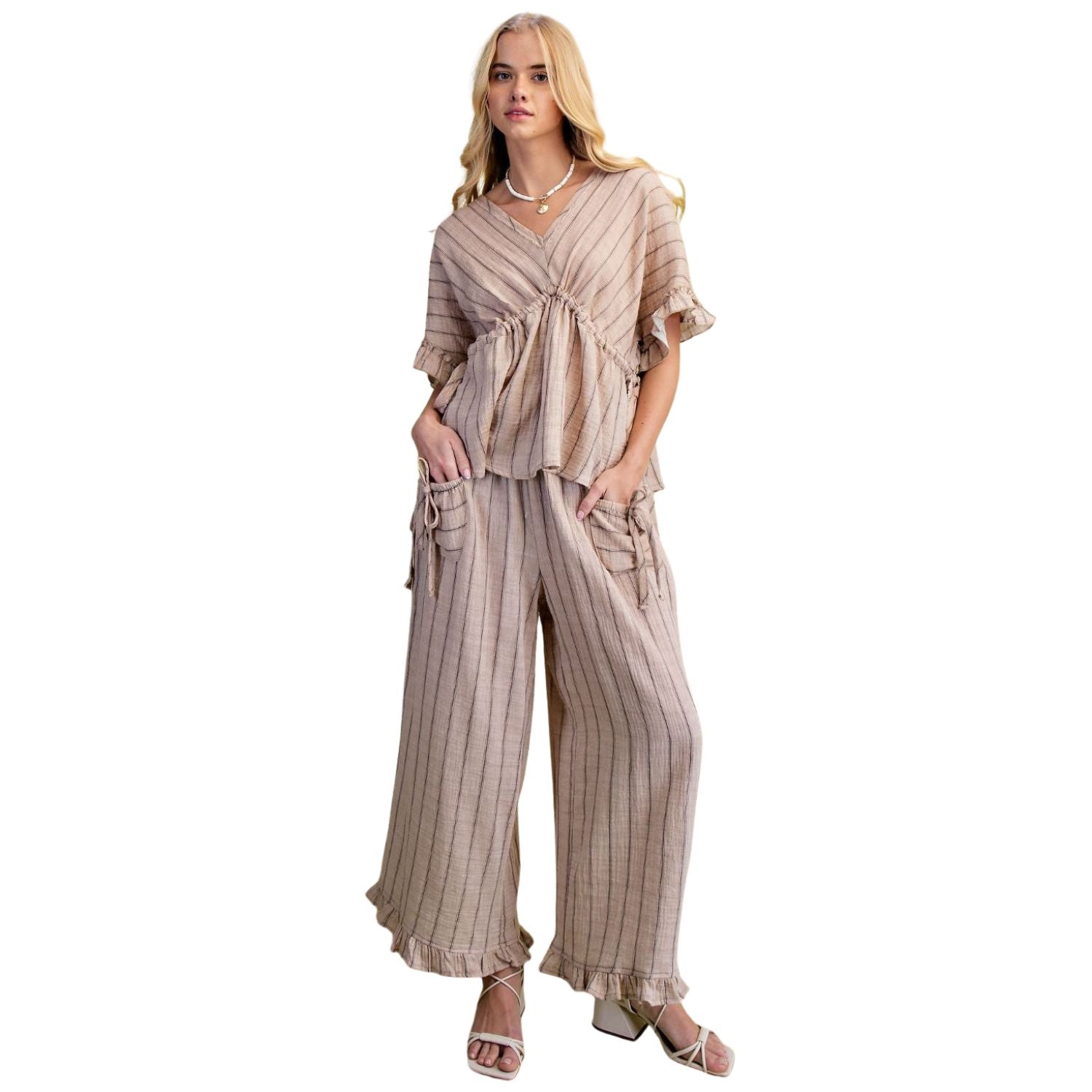 Easel Womens Vertical Striped Cotton Gauze Pants With Ruffle Hem- Mocha
