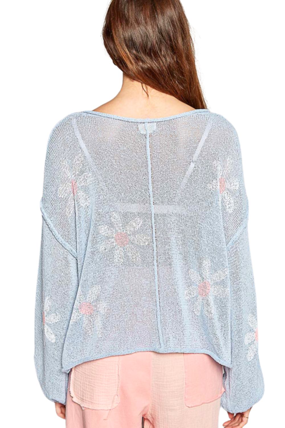 POL Clothing Womens Floral Print Balloon Sleeve Pullover Sweater