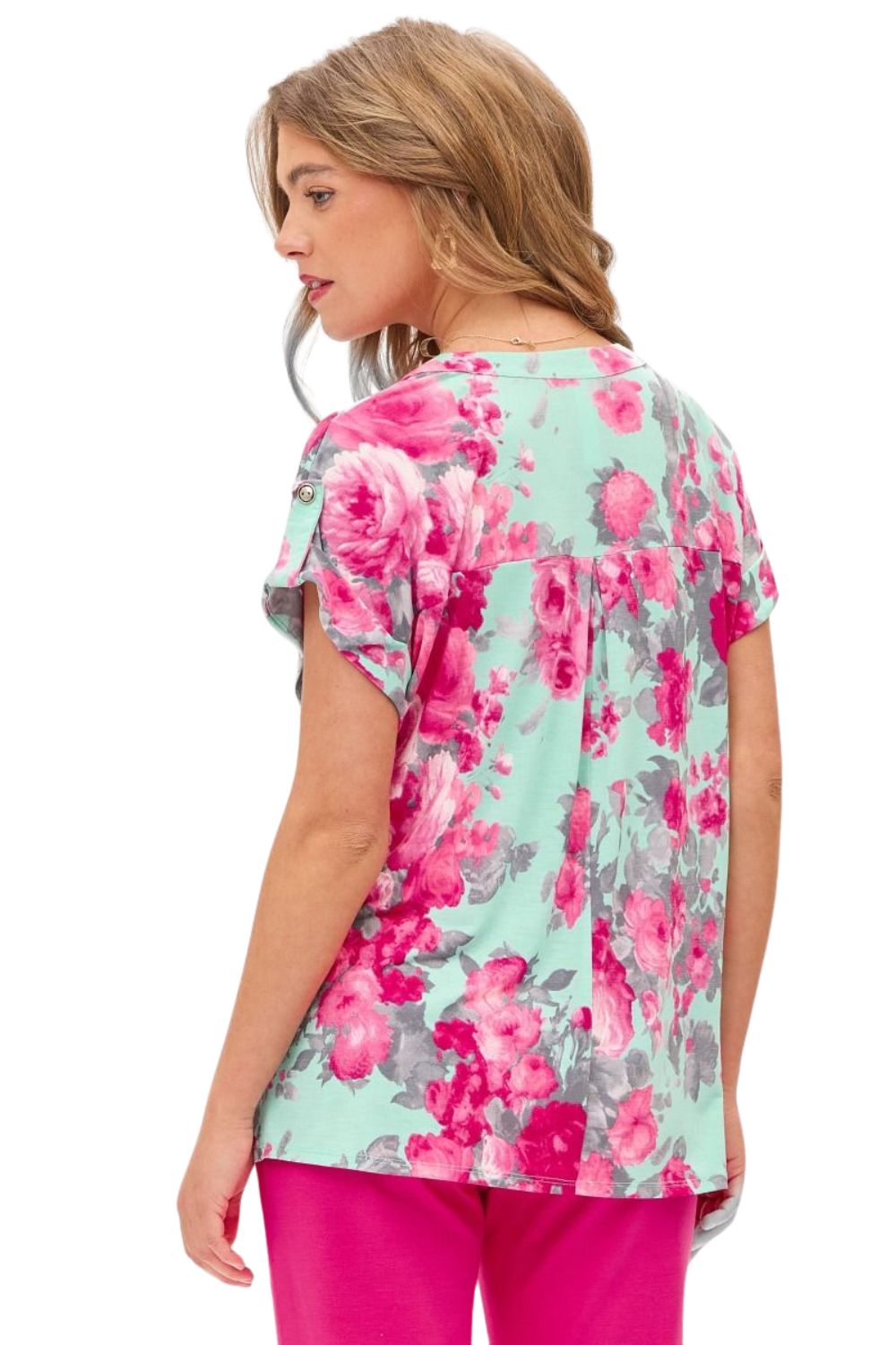 Dear Scarlett Womens Lizzy Short Sleeve Relaxed Flowy Blouse, Mint Pink