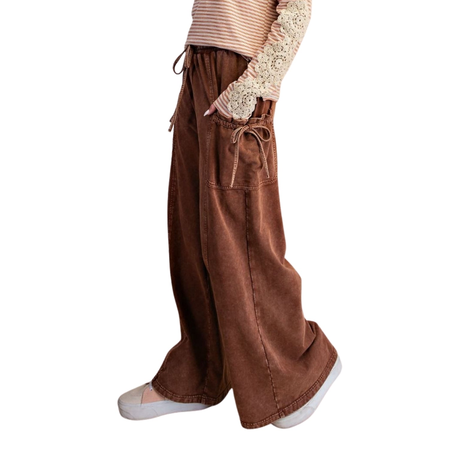 Easel Women's Mineral Washed Terry Knit Wide Leg Cargo Pants, Coffee