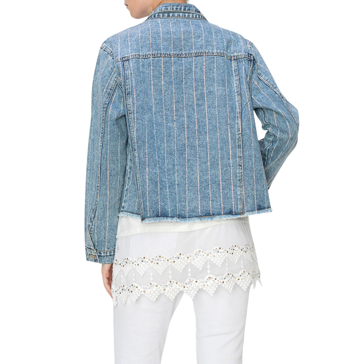 Origami Women's Button Front Sparkle Rhinestone Stripe Denim Jacket