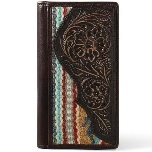 Ariat Mens Southwestern Wool Floral Tooled Leather Rodeo Wallet Checkbook Cover