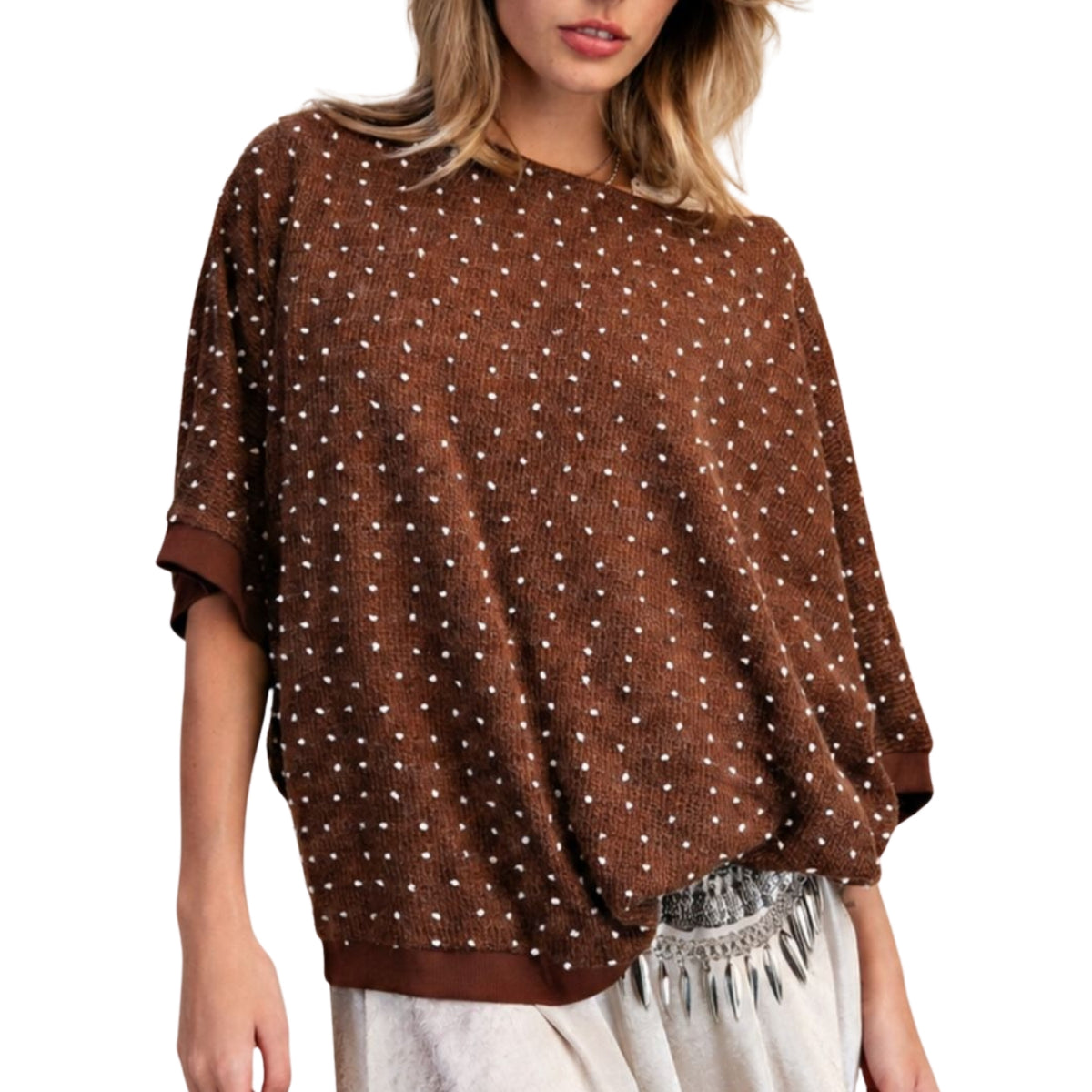Easel Women's Oversized Polka Dot Hacci Knit Poncho Sweater, Brown