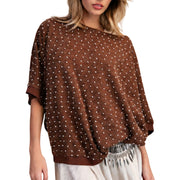 Easel Women's Oversized Polka Dot Hacci Knit Poncho Sweater, Brown