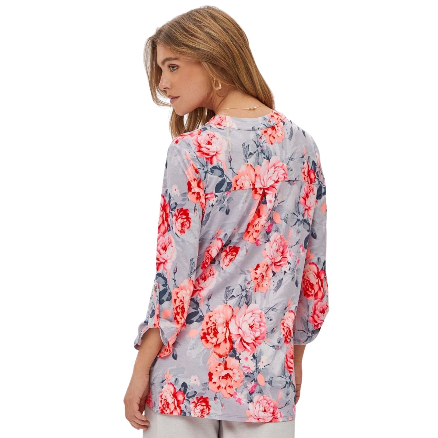 Dear Scarlett Womens Lizzy Relaxed Flowy High Low Blouse, Grey Multi