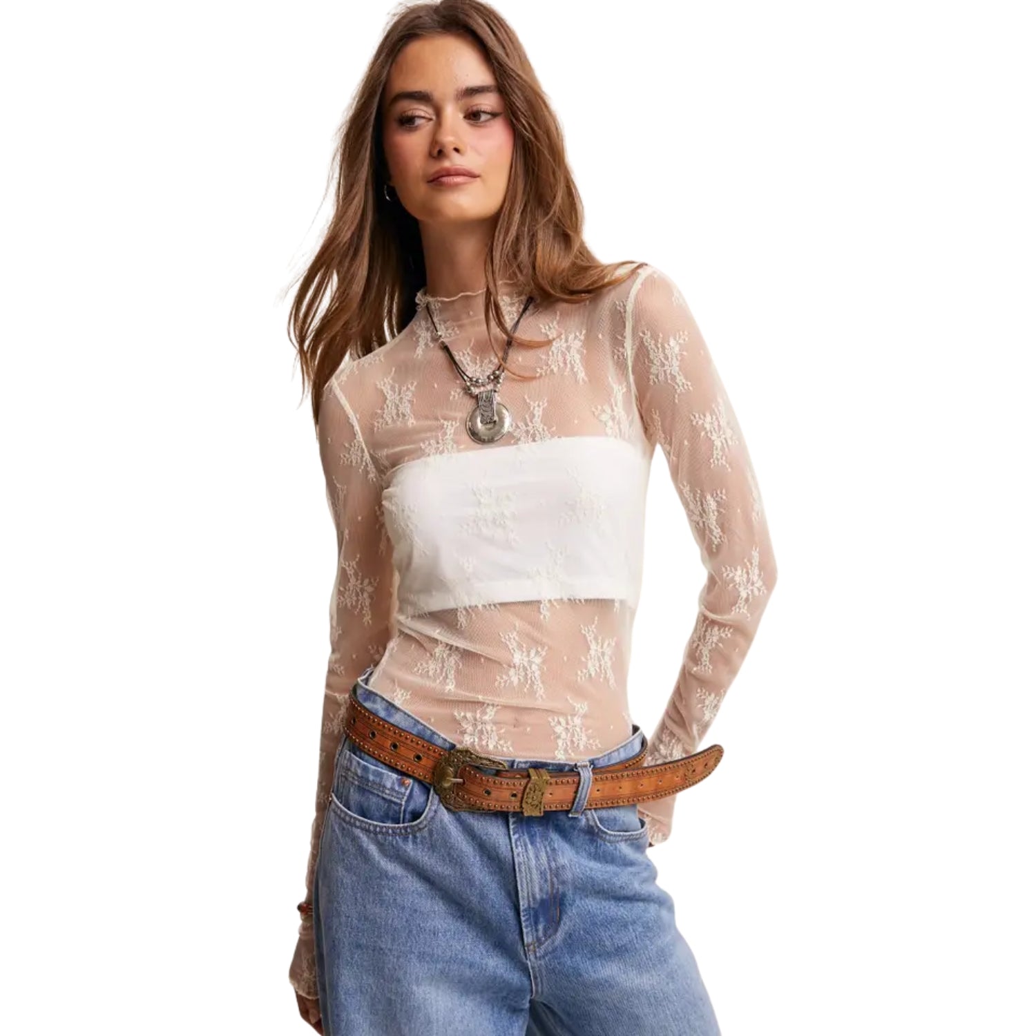 Listicle Women's Sheer Floral Lace Long Sleeve Top, Cream (X-Small)