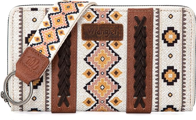 Wrangler Southwestern Art Print Leather and Canvas Wristlet Wallet -Coffee