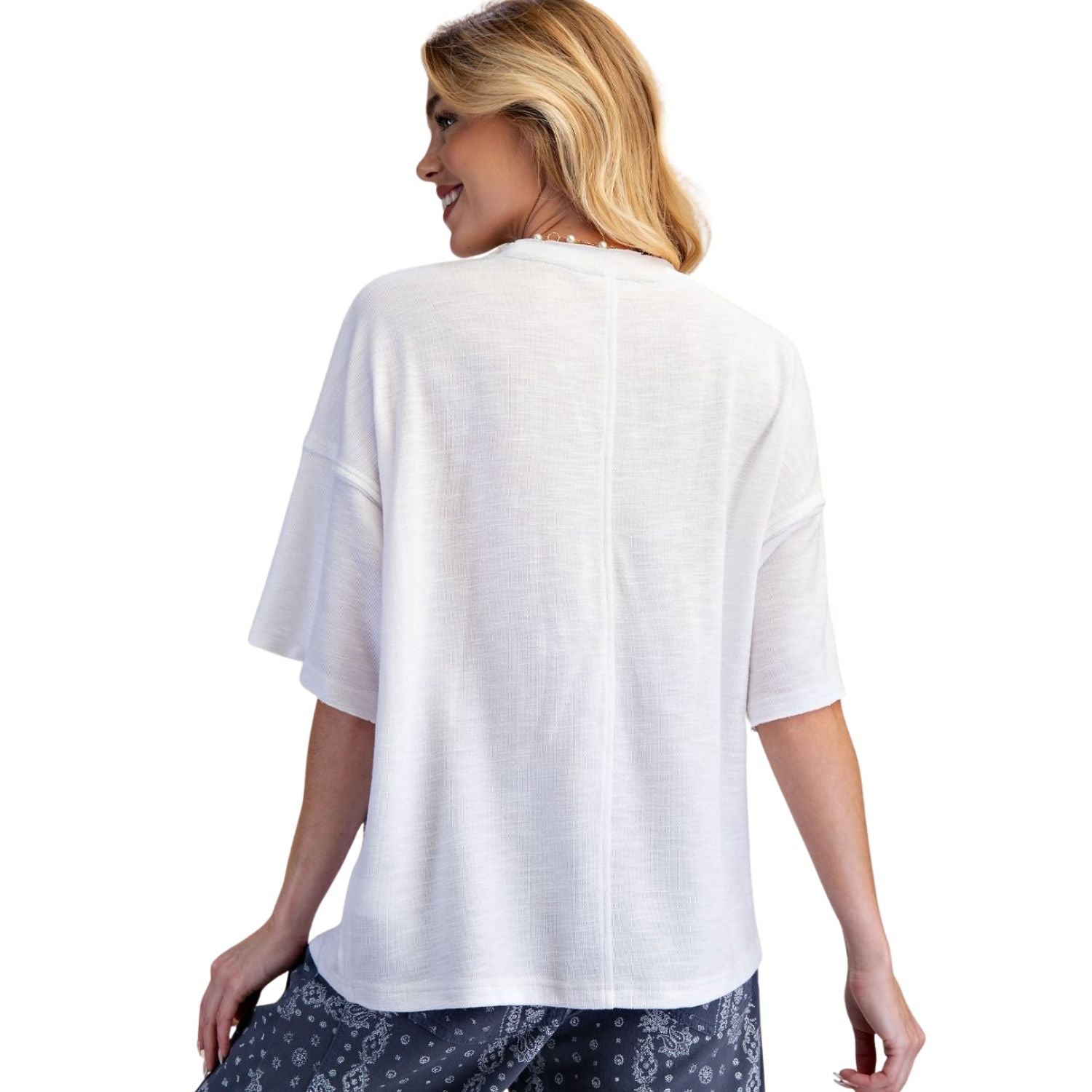 Easel Womens Floral Paisley Patch Washed Cotton Boxy Oversized Top- White