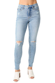 Judy Blue Womens Mid Rise Tummy Control Destroyed Knee Skinny Jeans