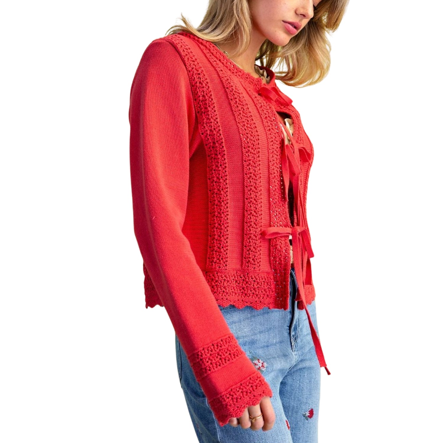 Easel Women's Crochet Trim Tie-Front Cotton Knit Cardigan Sweater, Antique Coral