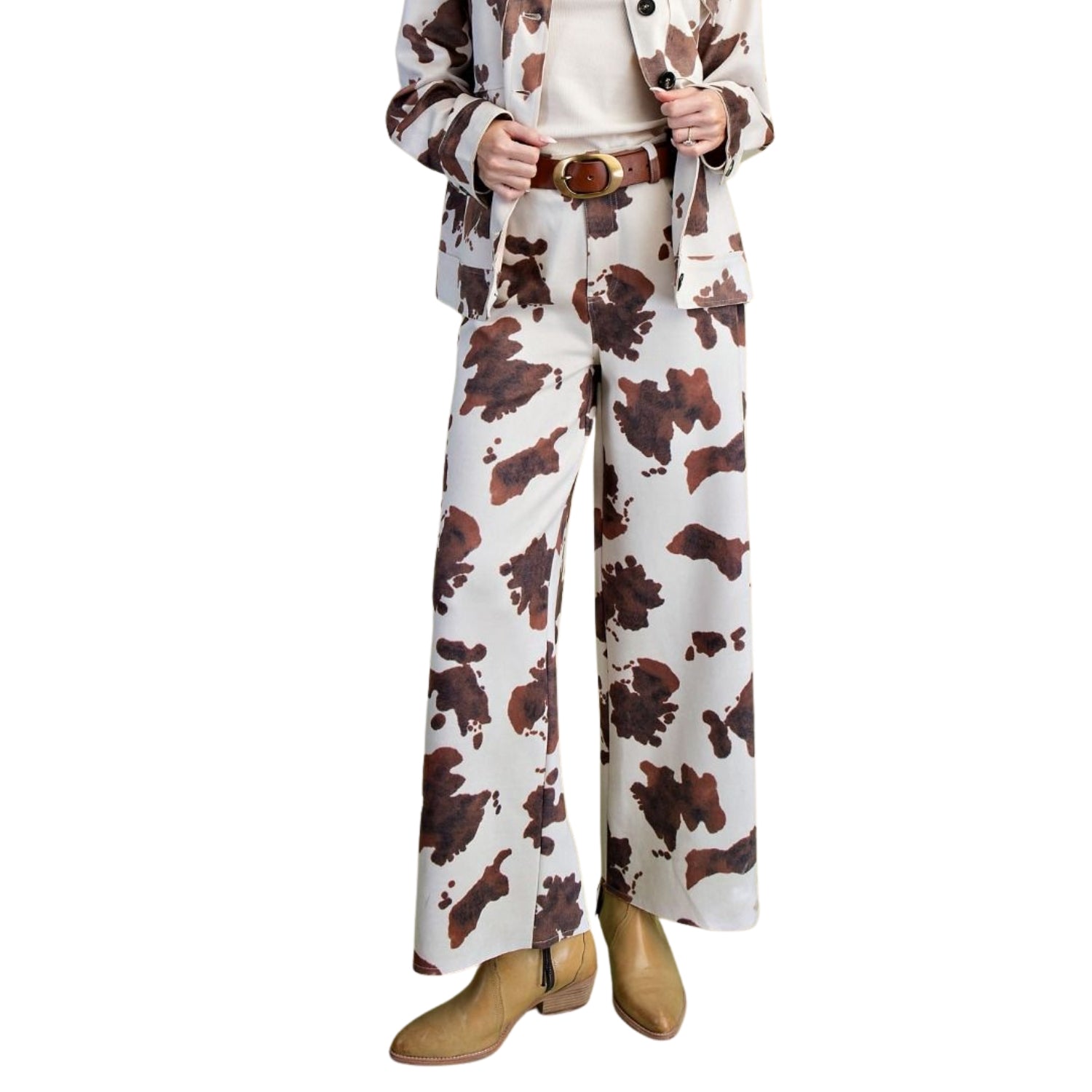 Easel Women's Cow Print Stretch Suede High Rise Wide Leg Pants, Khaki