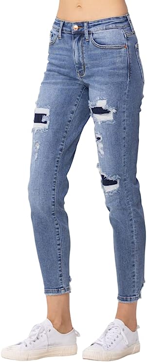 Judy Blue Mid Rise Denim Patch Destroyed Relaxed Jeans