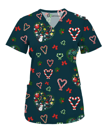Green Town Womens V-Neck Scrub Top - Christmas Holiday Prints