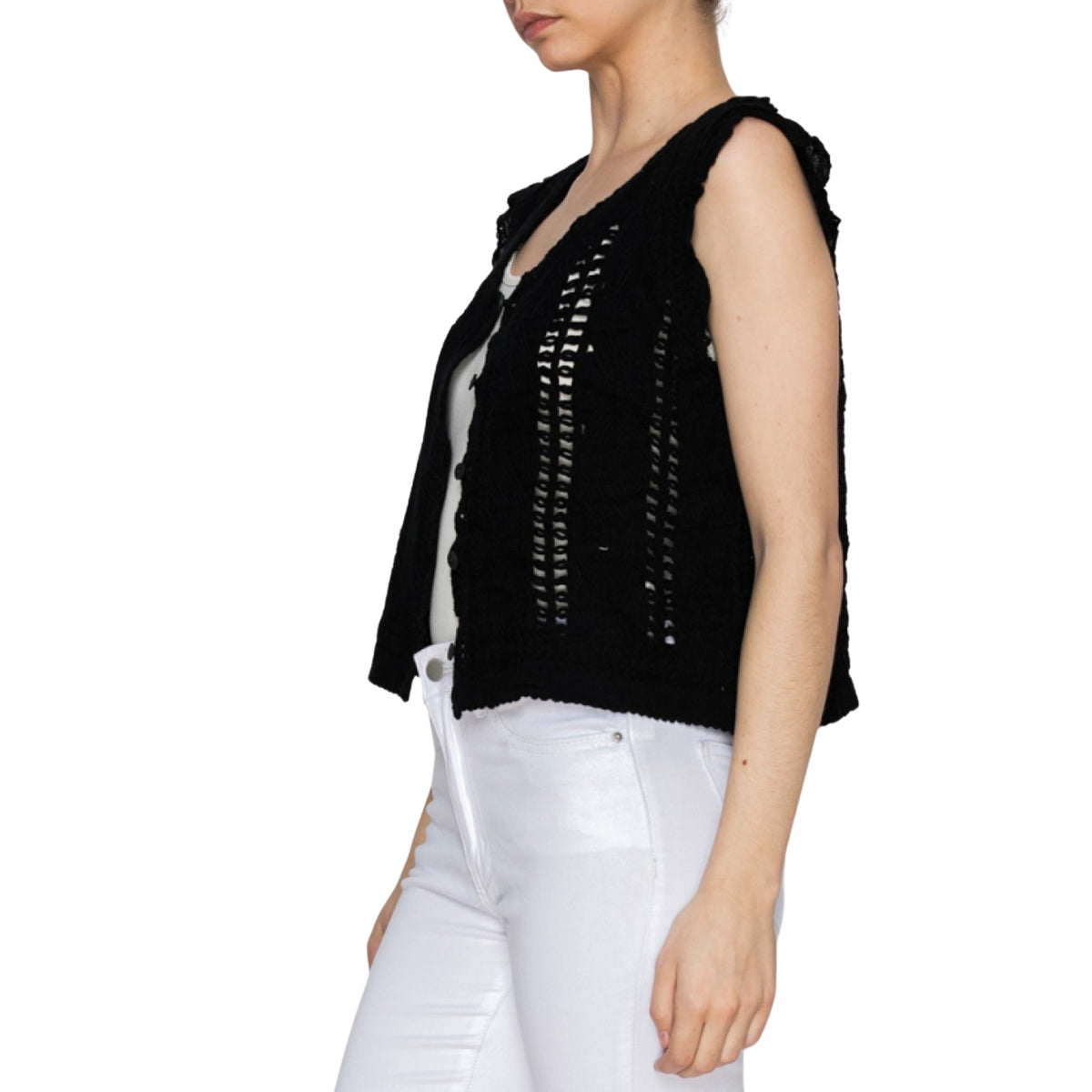 Origami Women's Short Crochet Button Front Vest, Black