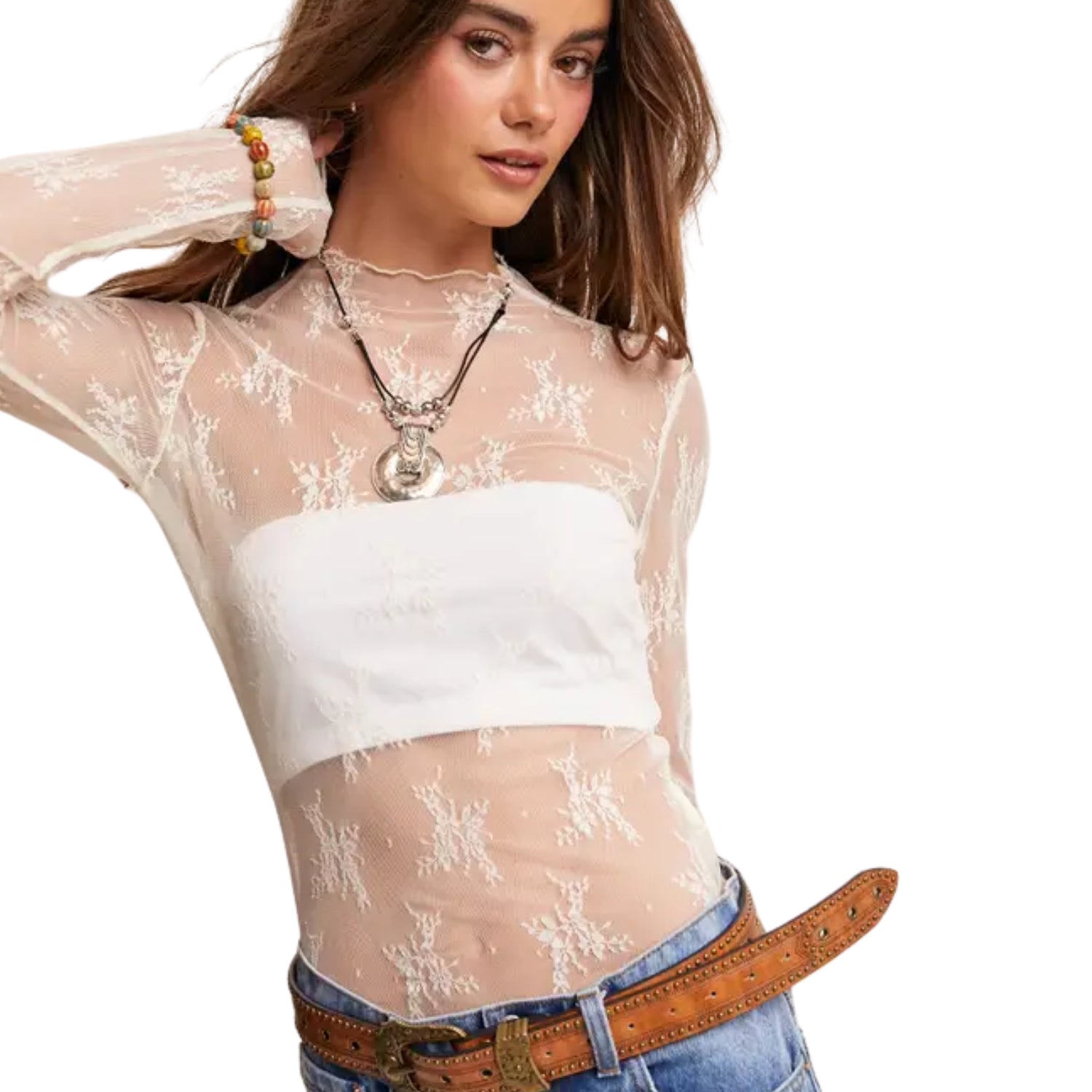 Listicle Women's Sheer Floral Lace Long Sleeve Top, Cream (X-Small)