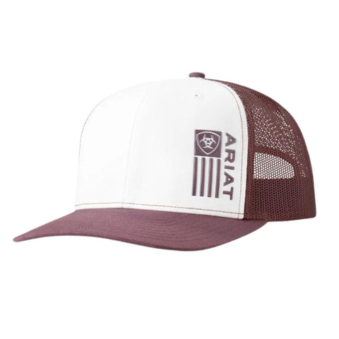 Ariat Mens Offset Flag Logo Richardson 112 Snapback Cap Hat (White/Burgundy)