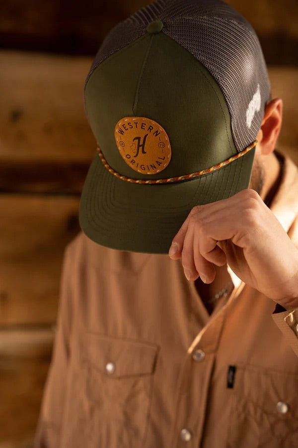 Hooey Mens "Spur" Olive and Grey with Circle Patch and Rope Detail Trucker Hat