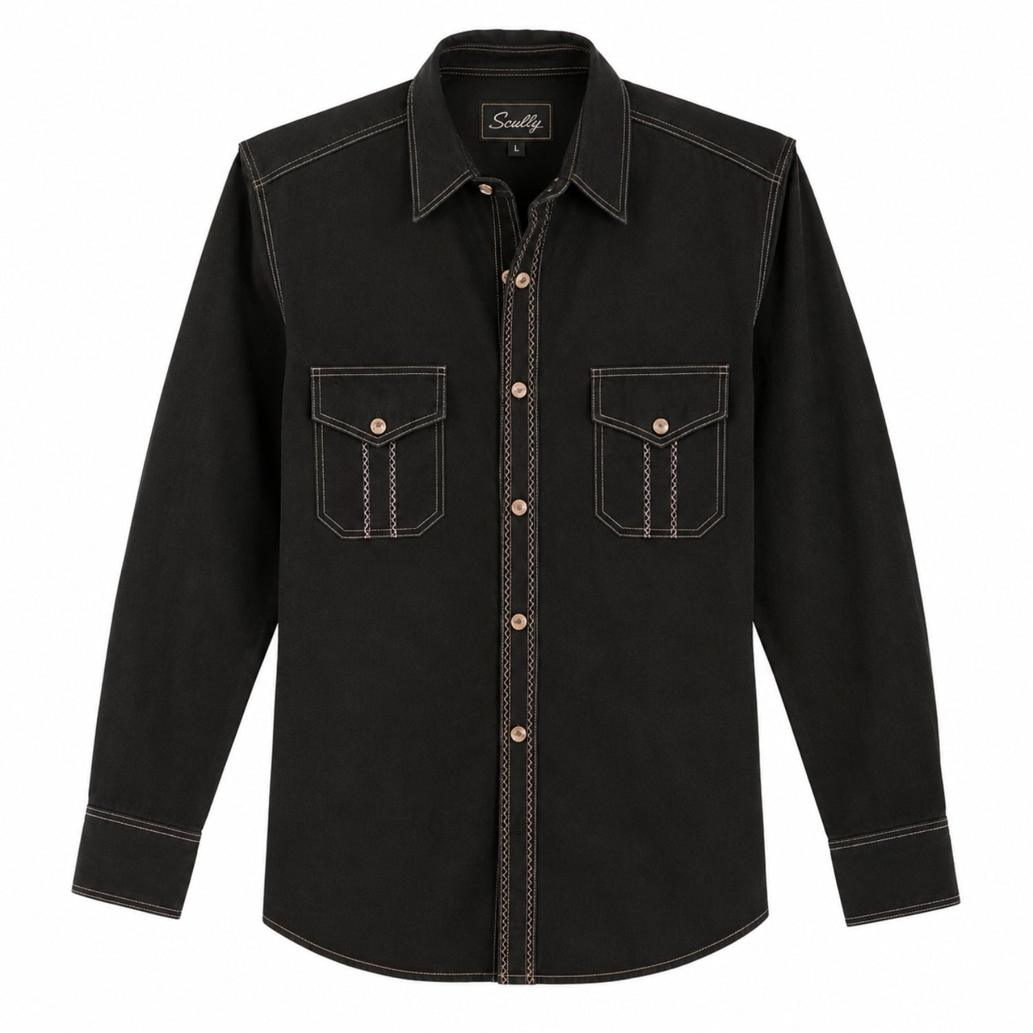 Scully Men's Peruvian Cotton Contrast Stitch Long Sleeve Western Shirt, Black
