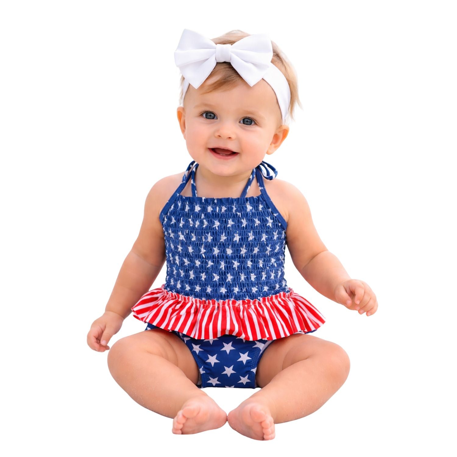 Heat Swimwear Infant Girls American Flag Smocked One Piece Ruffle Swimsuit