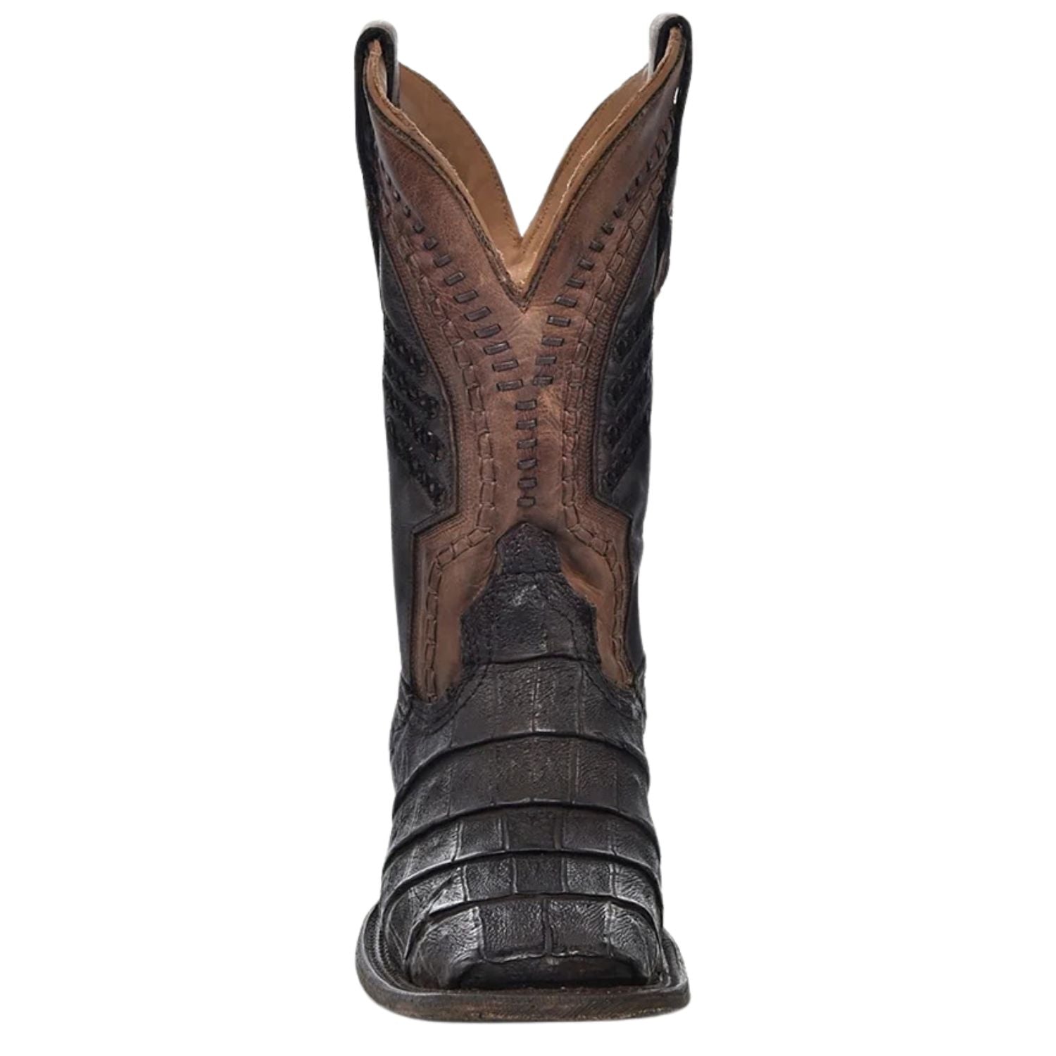 Corral Boots Mens Oil Brown Caiman Embroidered Woven Shaft Wide Square Toe Boot